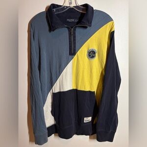 Y2K Nautica Men's Tri-Color Zip-Up Sweater Navy Yellow White with Back Graphic